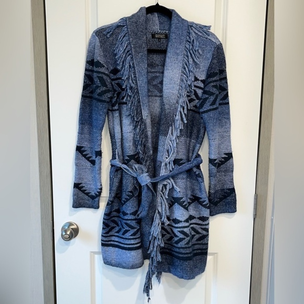 Badgley Mischka Bohowest Blue Fringe Cardigan Southwestern Pattern Medium